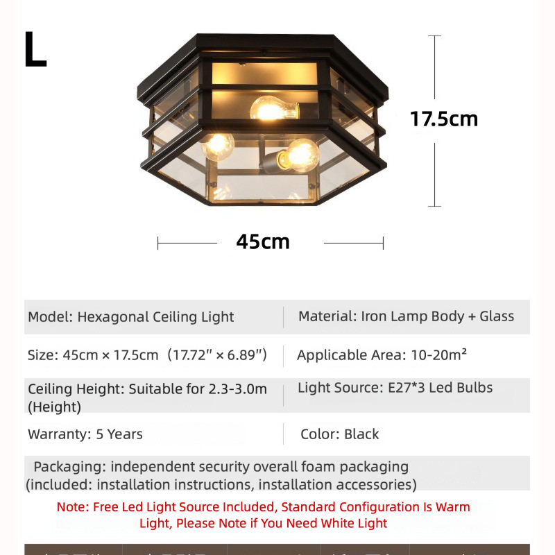Vintage Hexagonal Ceiling Light – Glass Flush Mount Fixture (E27 ×3)