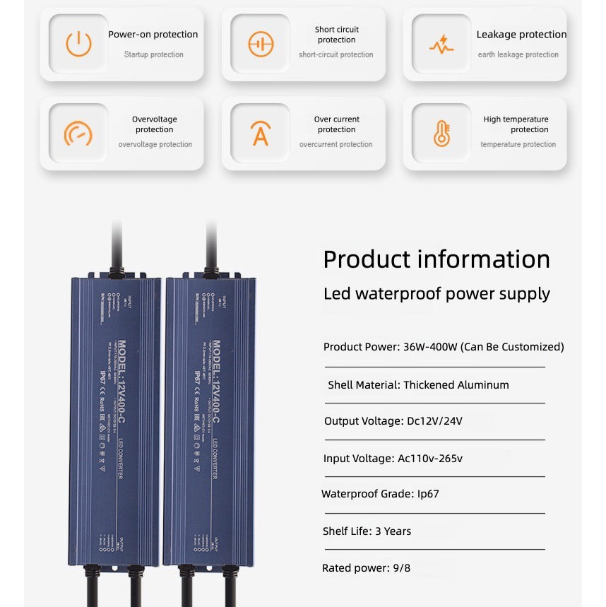 IP67 Waterproof LED Power Supply 12V/24V Outdoor Driver (36W–400W)