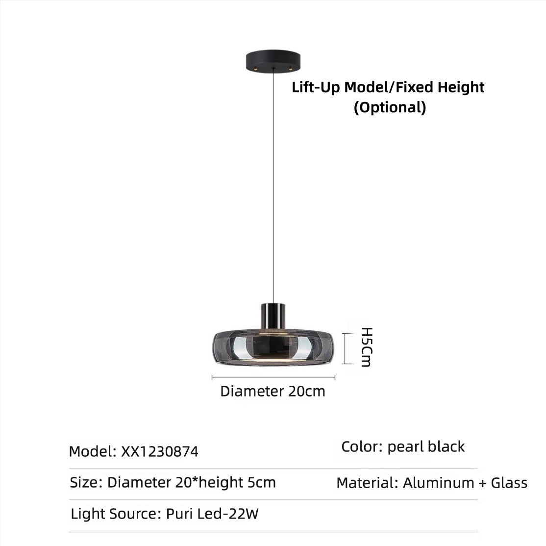 Automatic Height Adjustable Glass Pendant Light 22W LED