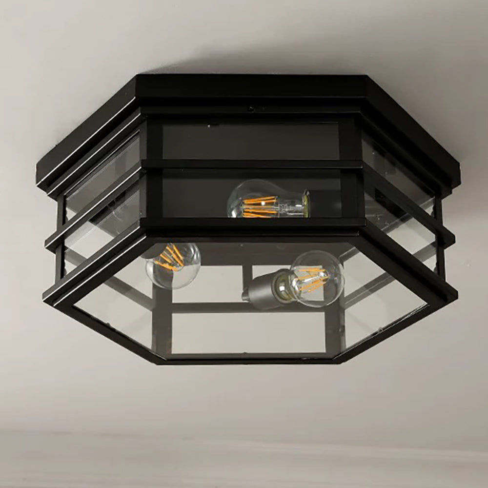 Vintage Hexagonal Ceiling Light – Glass Flush Mount Fixture (E27 ×3)