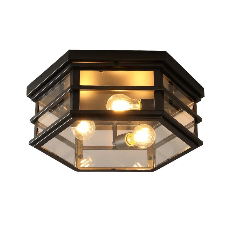 Vintage Hexagonal Ceiling Light – Glass Flush Mount Fixture (E27 ×3)