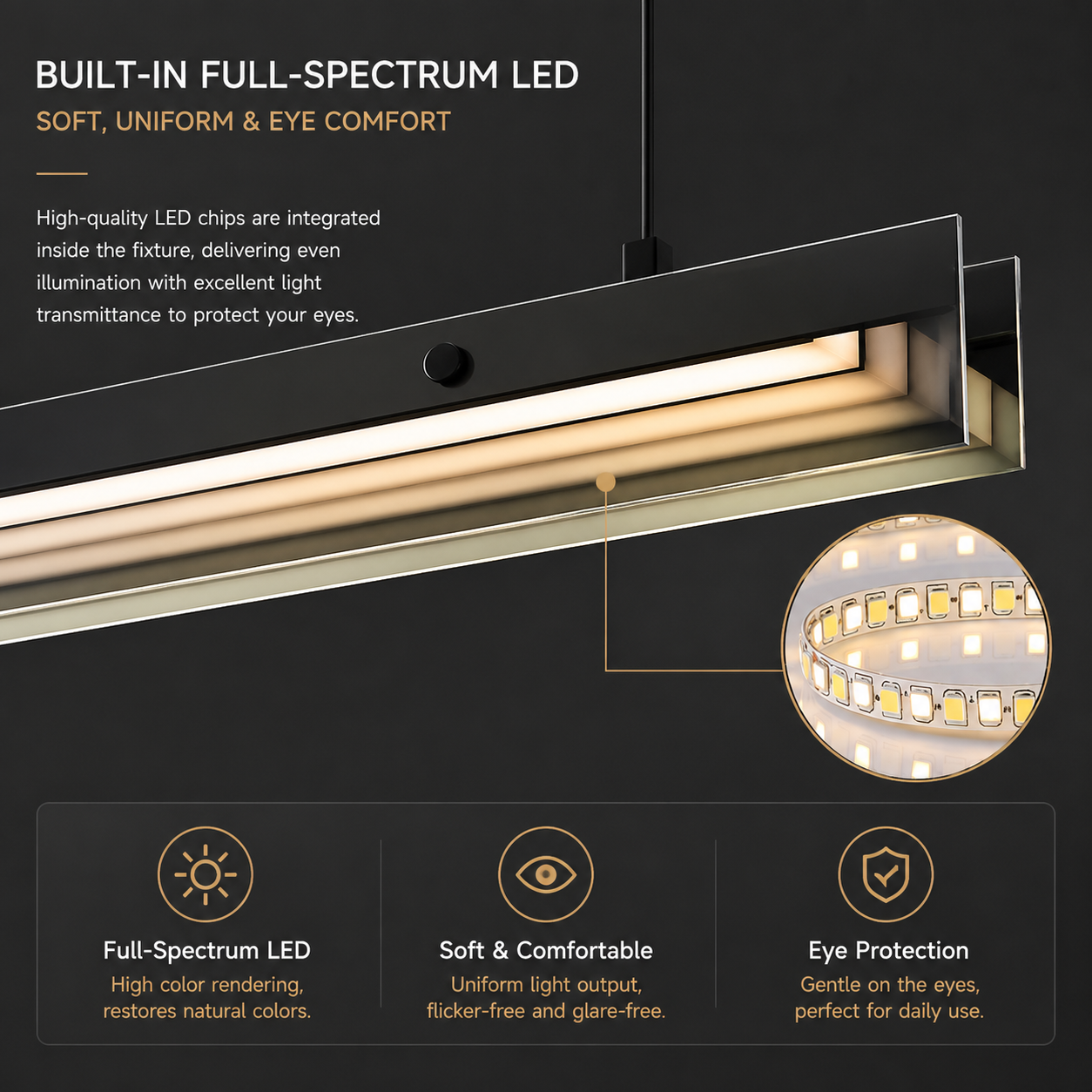 Full Spectrum LED Linear Pendant | CRI 97+ Anti-Blue Light Office Lamp