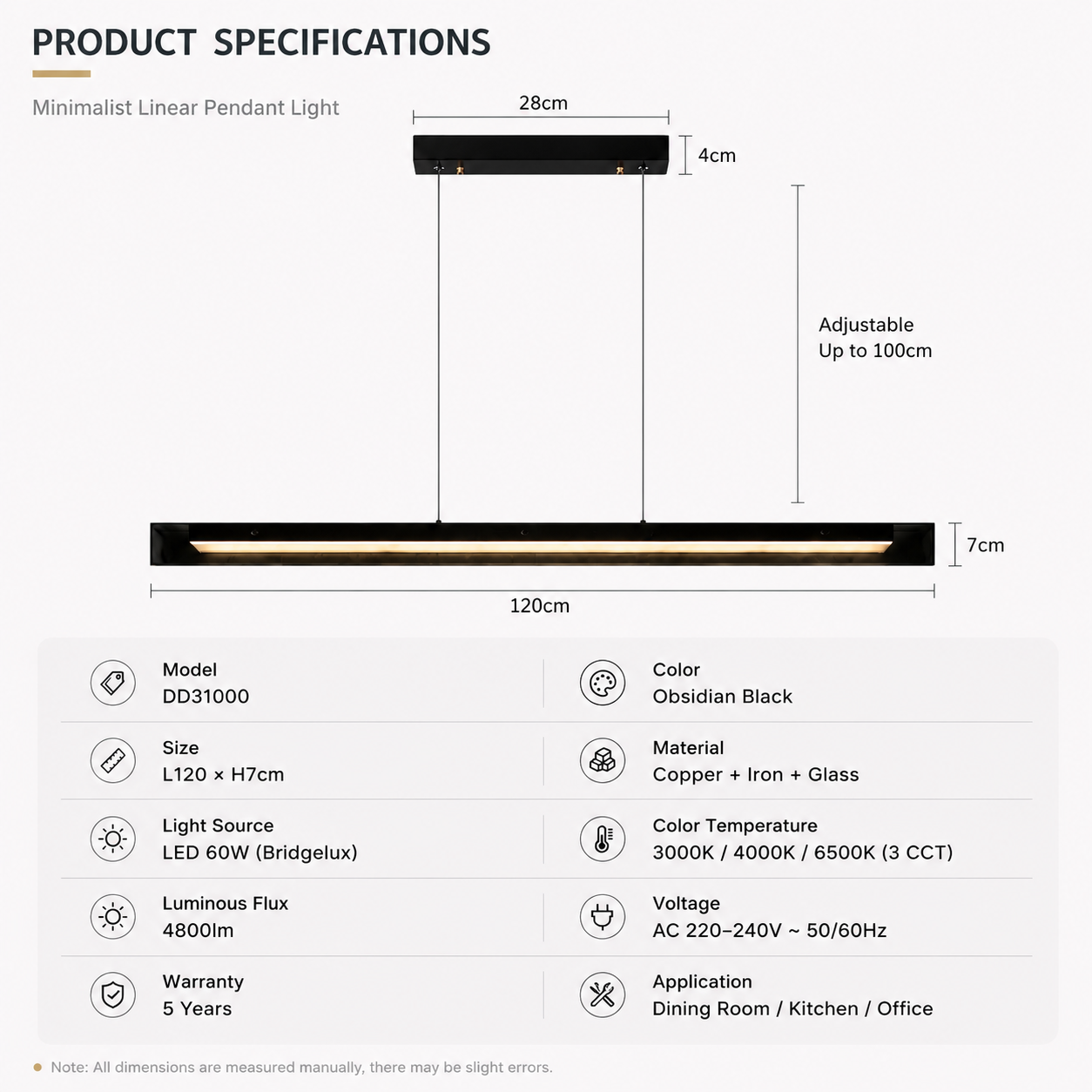 Full Spectrum LED Linear Pendant | CRI 97+ Anti-Blue Light Office Lamp