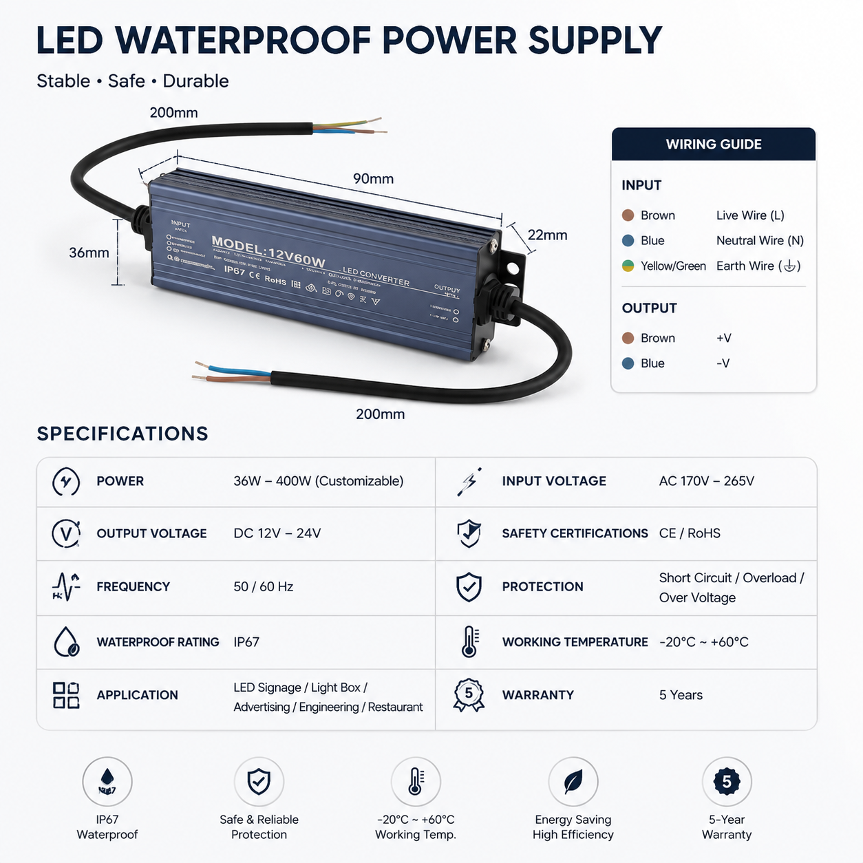 IP67 Waterproof LED Power Supply 12V/24V Outdoor Driver (36W–400W)