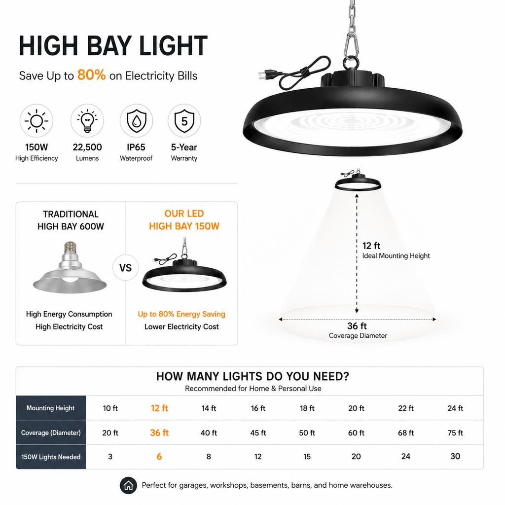 150W UFO LED High Bay Light – Optional Reflector