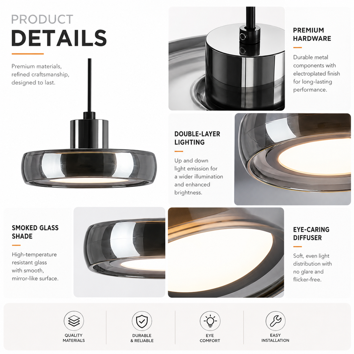 Automatic Height Adjustable Glass Pendant Light 22W LED