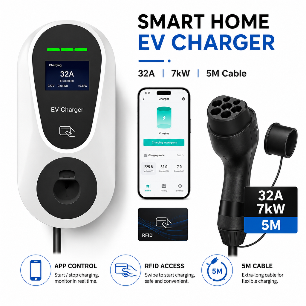 7kW 32A Smart EV Charger – Type 2, J1772 or NACS