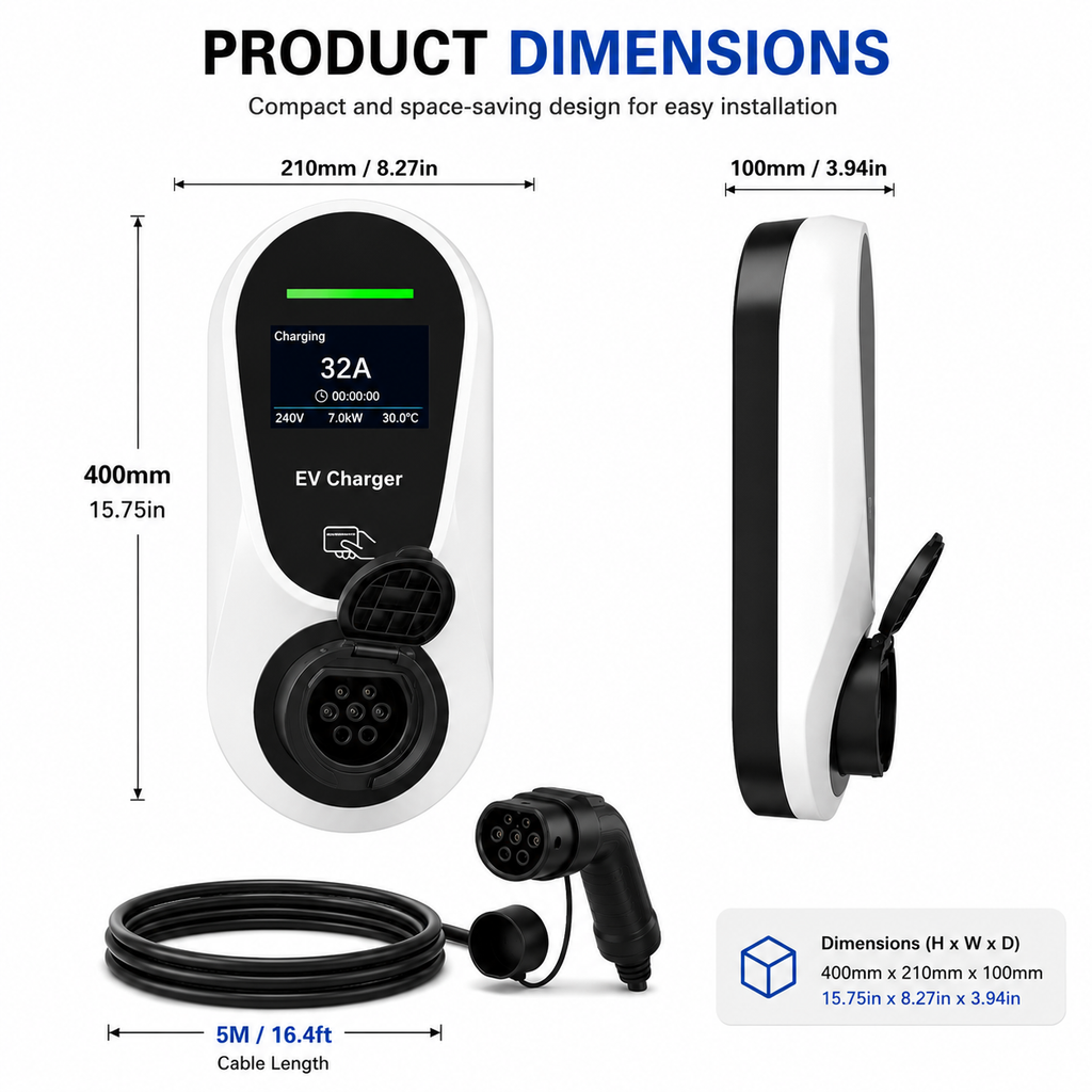 7kW 32A Smart EV Charger – Type 2, J1772 or NACS