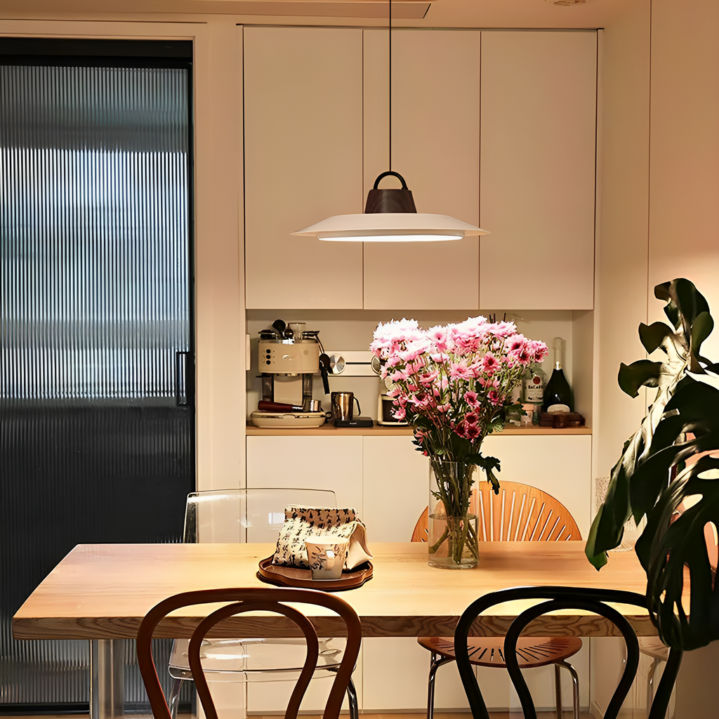 Soft Glow UFO Pendant Light – Mid-Century Modern Wood & Black Hanging Lamp - XIAOZHE