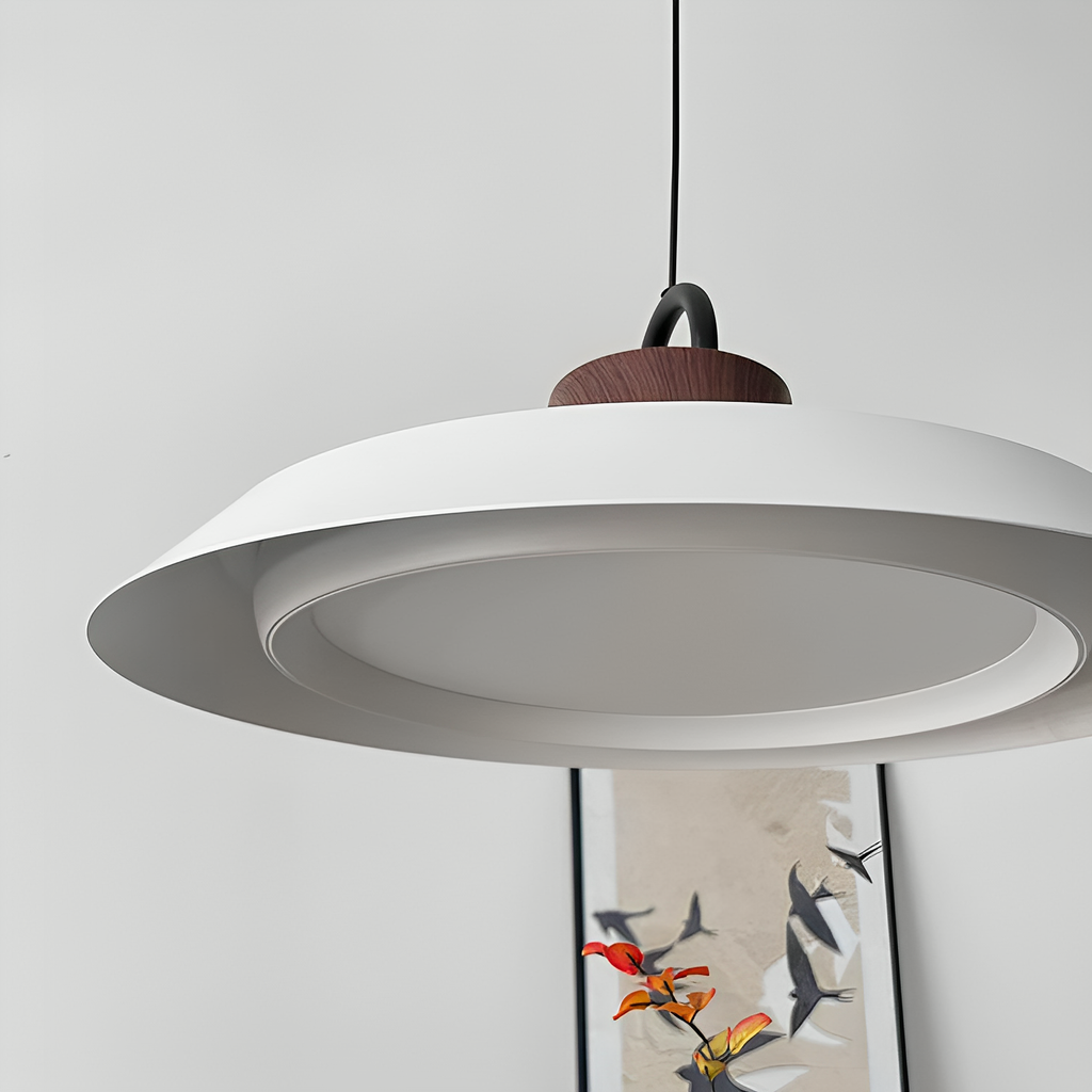 Soft Glow UFO Pendant Light – Mid-Century Modern Wood & Black Hanging Lamp - XIAOZHE