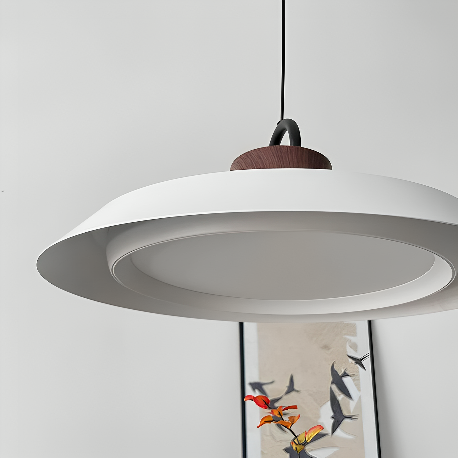 Soft Glow UFO Pendant Light – Mid-Century Modern Wood & Black Hanging Lamp - XIAOZHE