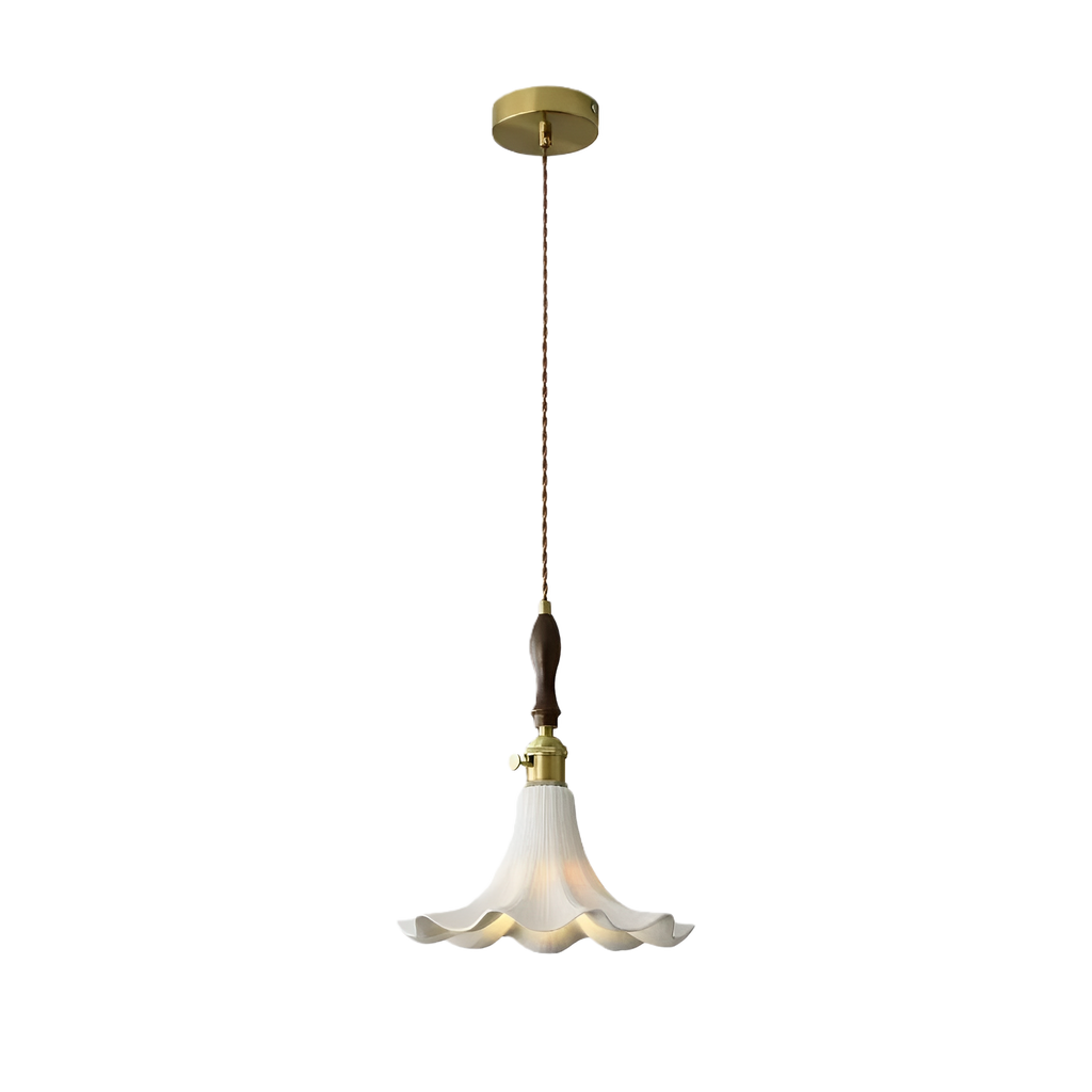 Vintage Lily Petal Pendant Light | French Romantic Wood & Brass Lamp