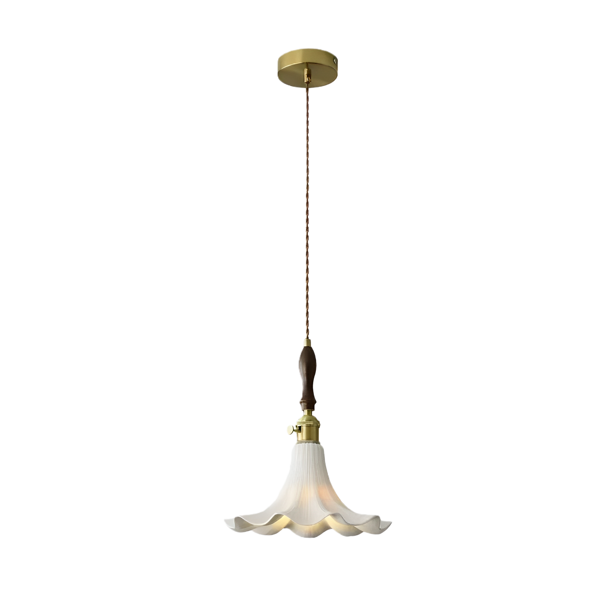Vintage Lily Petal Pendant Light | French Romantic Wood & Brass Lamp