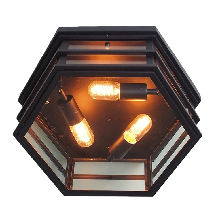 Vintage Hexagonal Ceiling Light – Glass Flush Mount Fixture (E27 ×3)