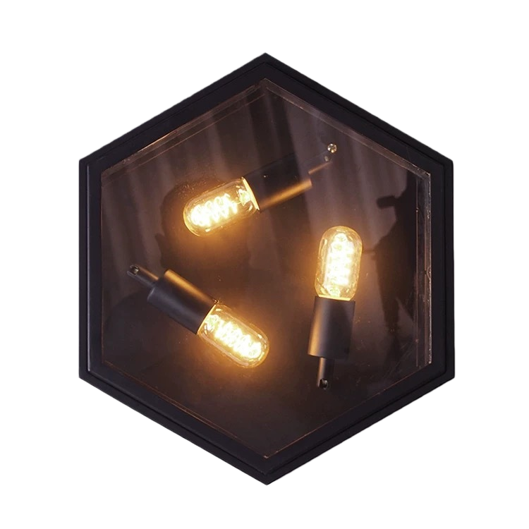 Vintage Hexagonal Ceiling Light – Glass Flush Mount Fixture (E27 ×3)