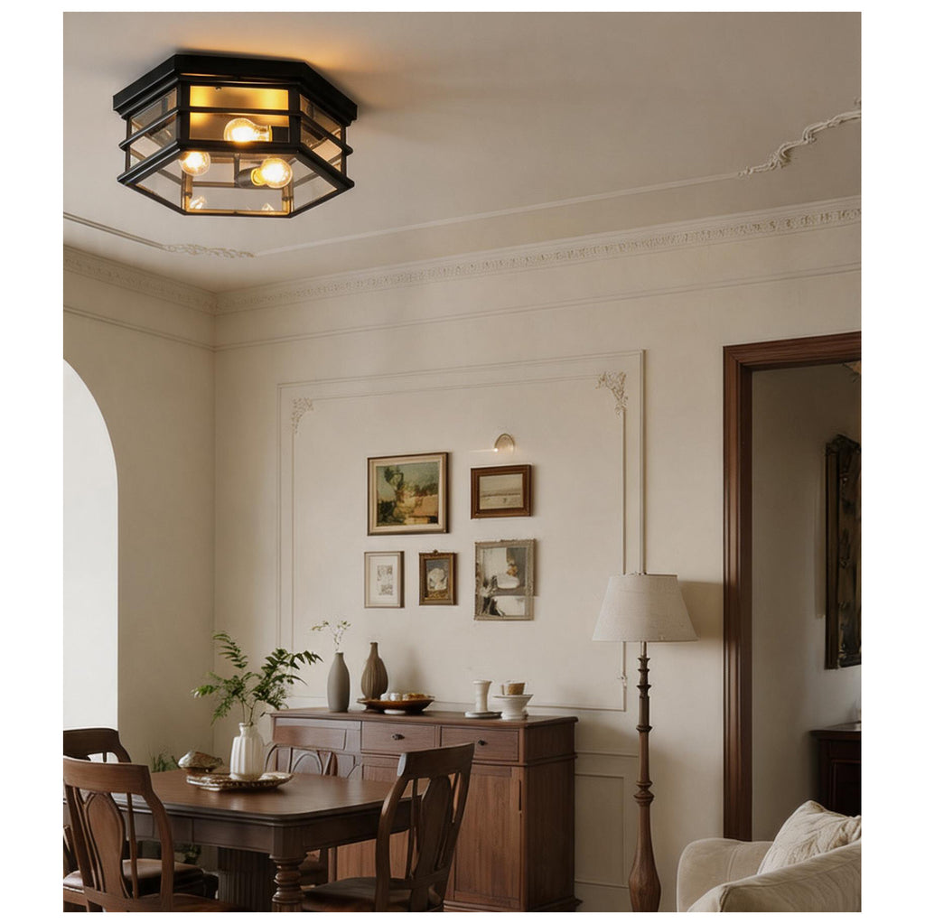 Vintage Hexagonal Ceiling Light – Glass Flush Mount Fixture (E27 ×3)