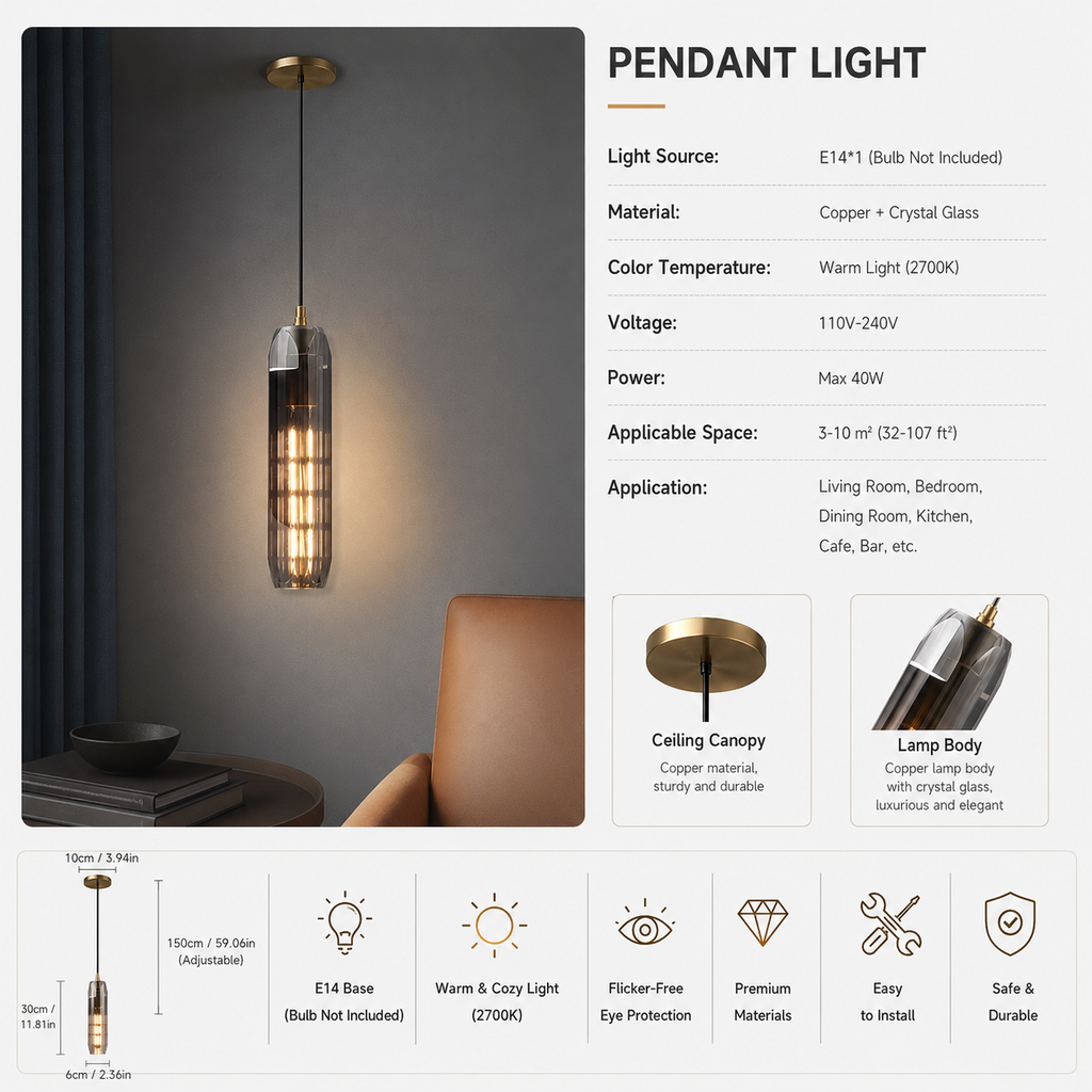 Luxury Copper & Crystal Glass Pendant Light