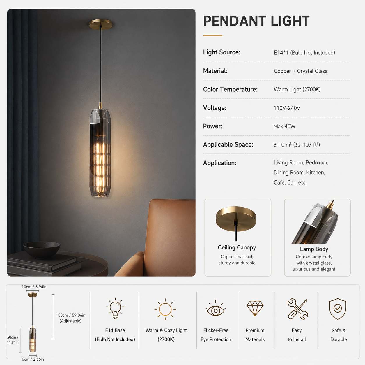 Luxury Copper & Crystal Glass Pendant Light