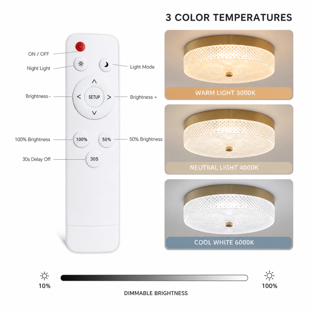 Modern Brass LED Ceiling Light with Remote Control
