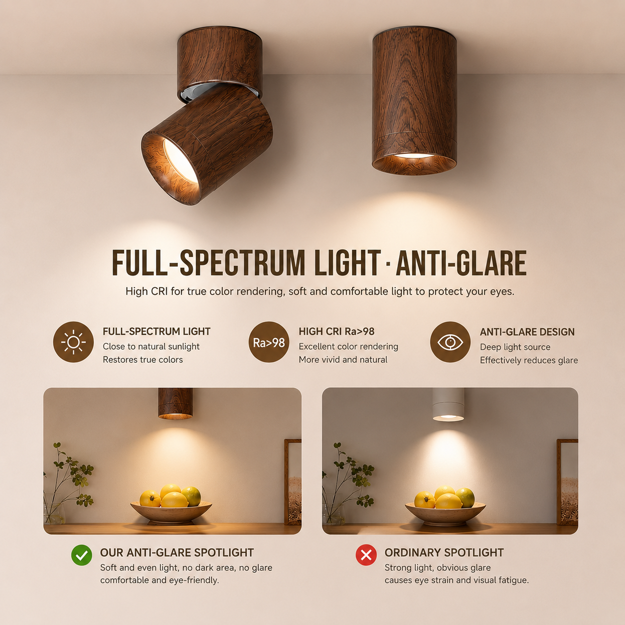 Adjustable Walnut Wood Ceiling Spotlight | Anti-Glare Lighting