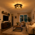 Vintage Hexagonal Ceiling Light – Glass Flush Mount Fixture (E27 ×3)