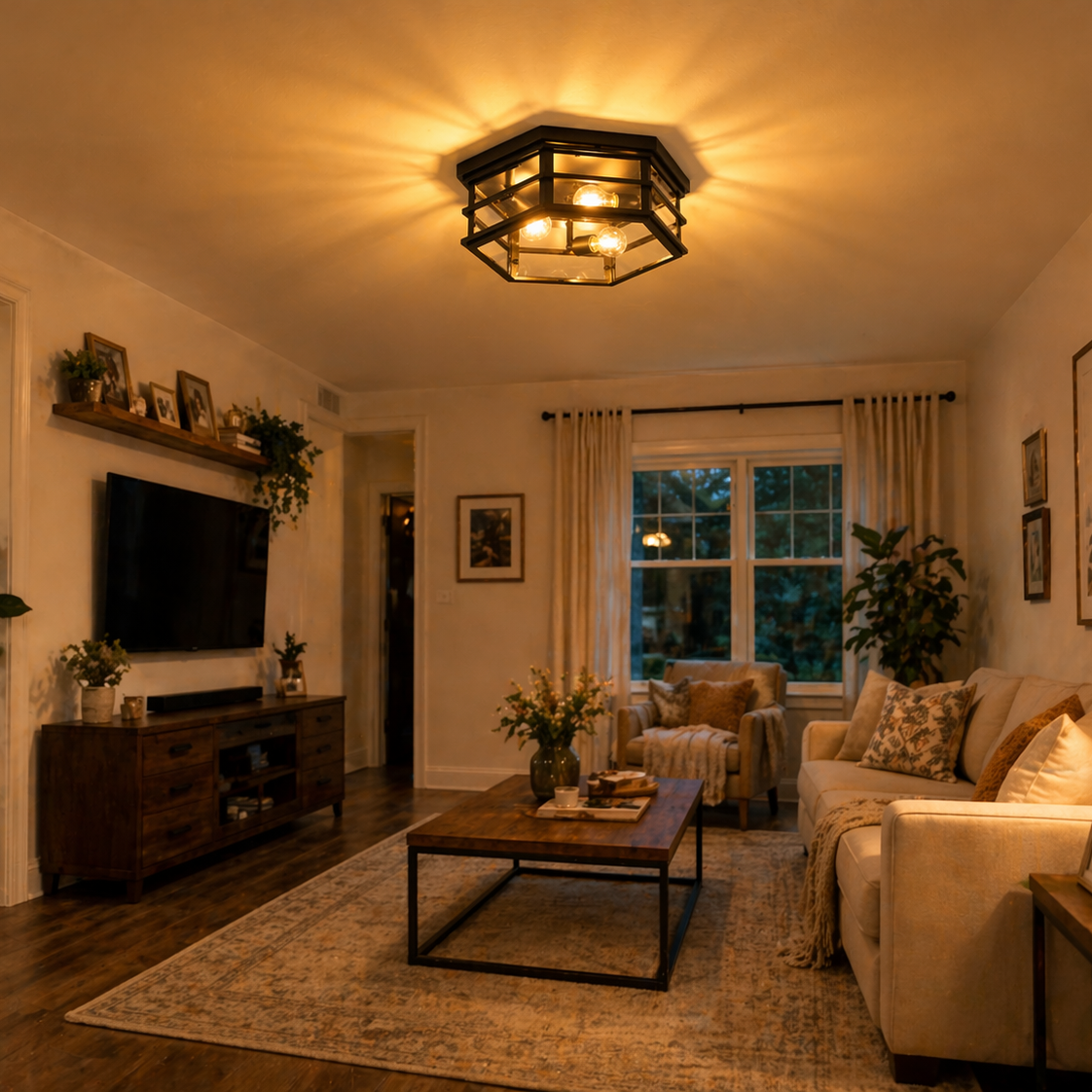 Vintage Hexagonal Ceiling Light – Glass Flush Mount Fixture (E27 ×3)