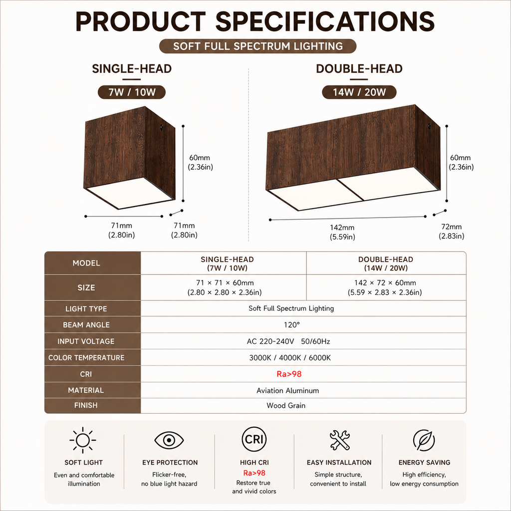Minimalist Wood Grain LED Ceiling Light | Full Spectrum