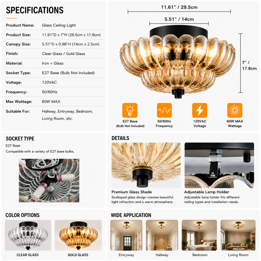 Modern Farmhouse Ceiling Light | Decorative Glass Flush Mount