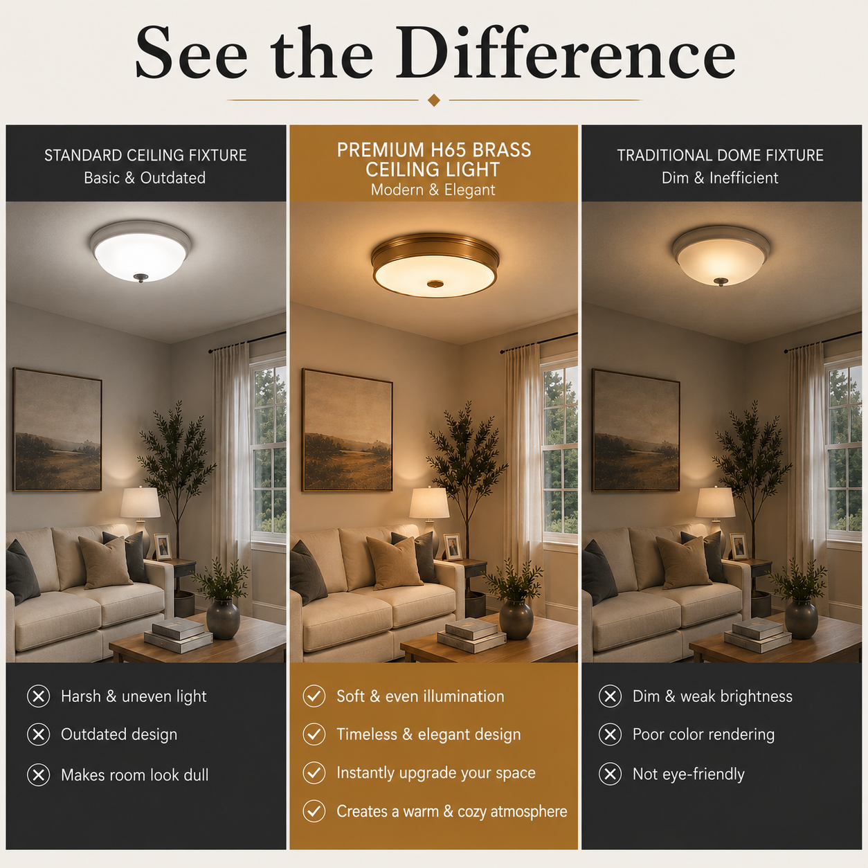 Modern H65 Brass LED Ceiling Light – Flush Mount Fixture for Living Room & Bedroom