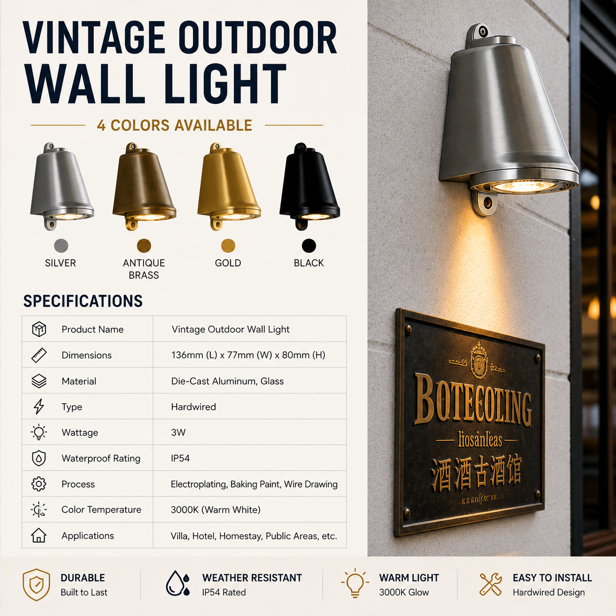 IP54 Waterproof Outdoor Wall Light – 3W Aluminum LED Sconce