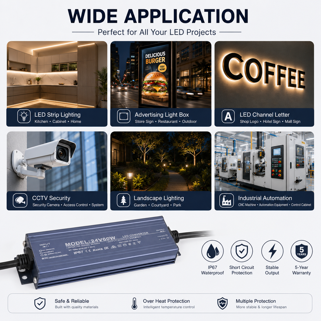 IP67 Waterproof LED Power Supply 12V/24V Outdoor Driver (36W–400W)