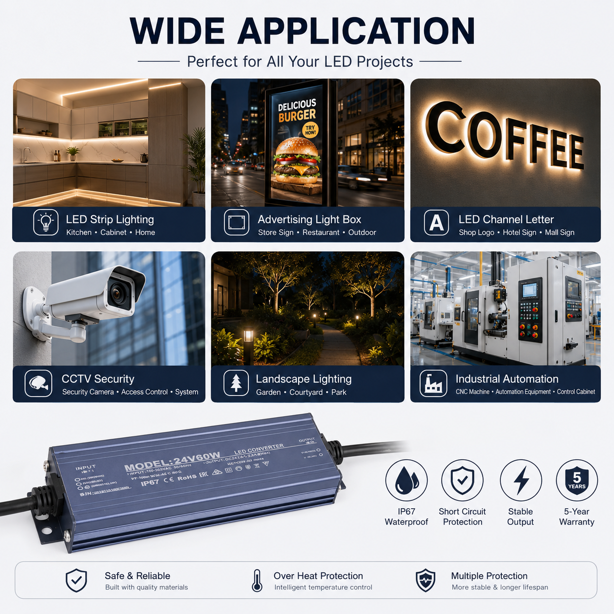 IP67 Waterproof LED Power Supply 12V/24V Outdoor Driver (36W–400W)