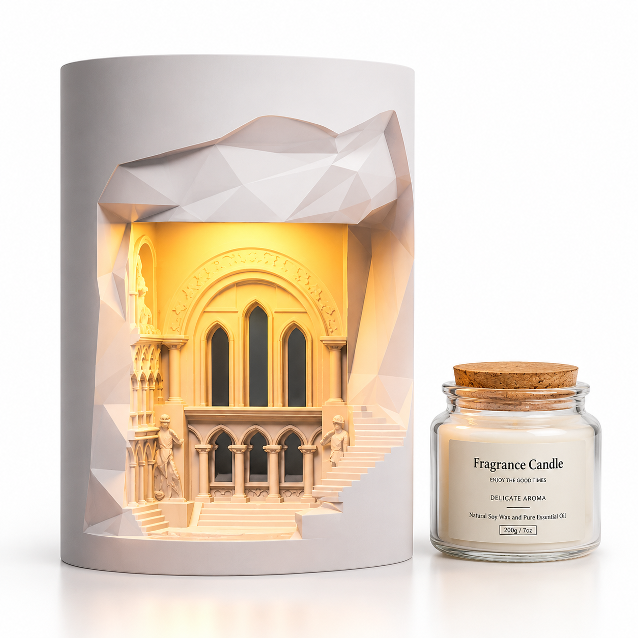 Cave Temple LED Relief Lamp | Architectural Sculpture & Candle Warmer