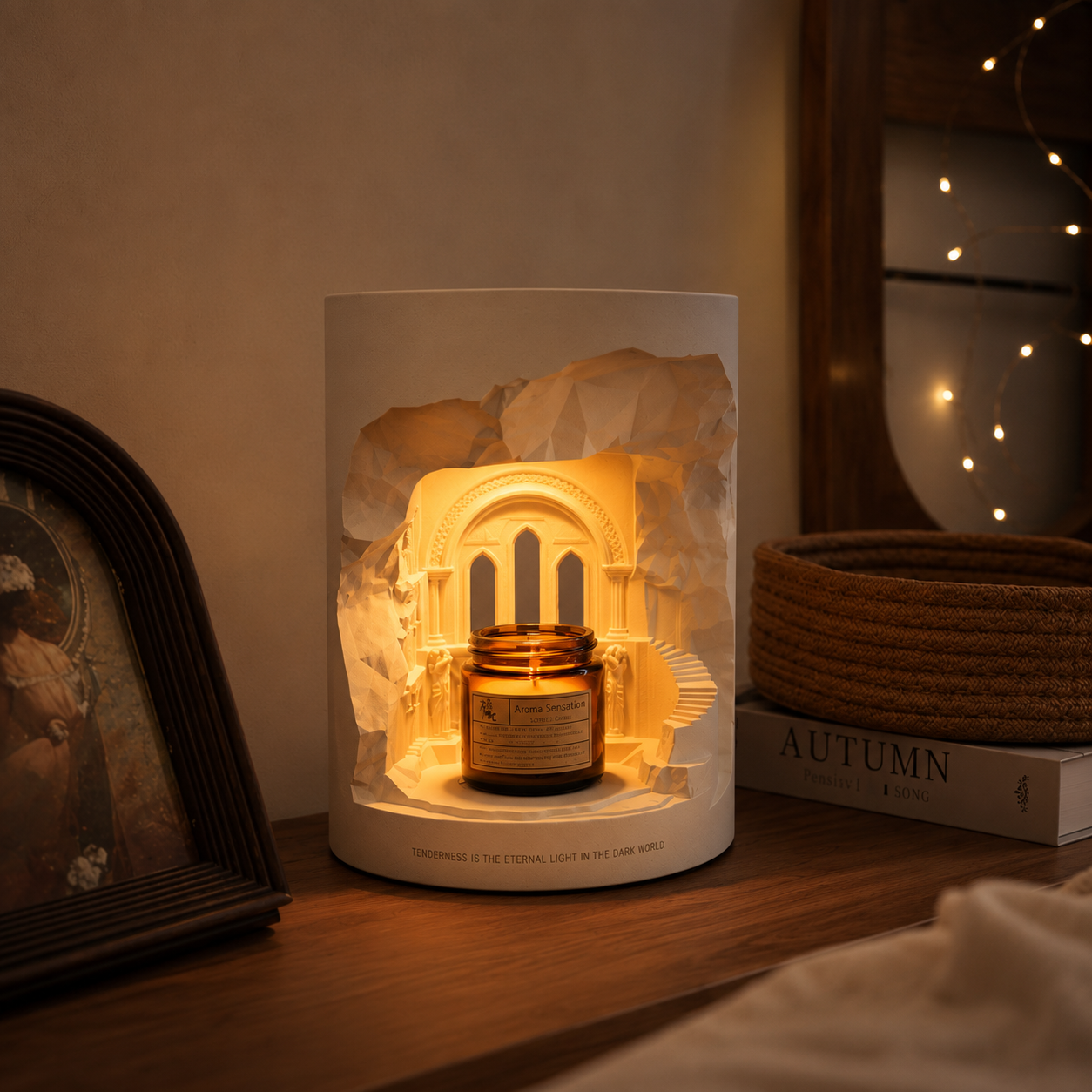 Cave Temple LED Relief Lamp | Architectural Sculpture & Candle Warmer