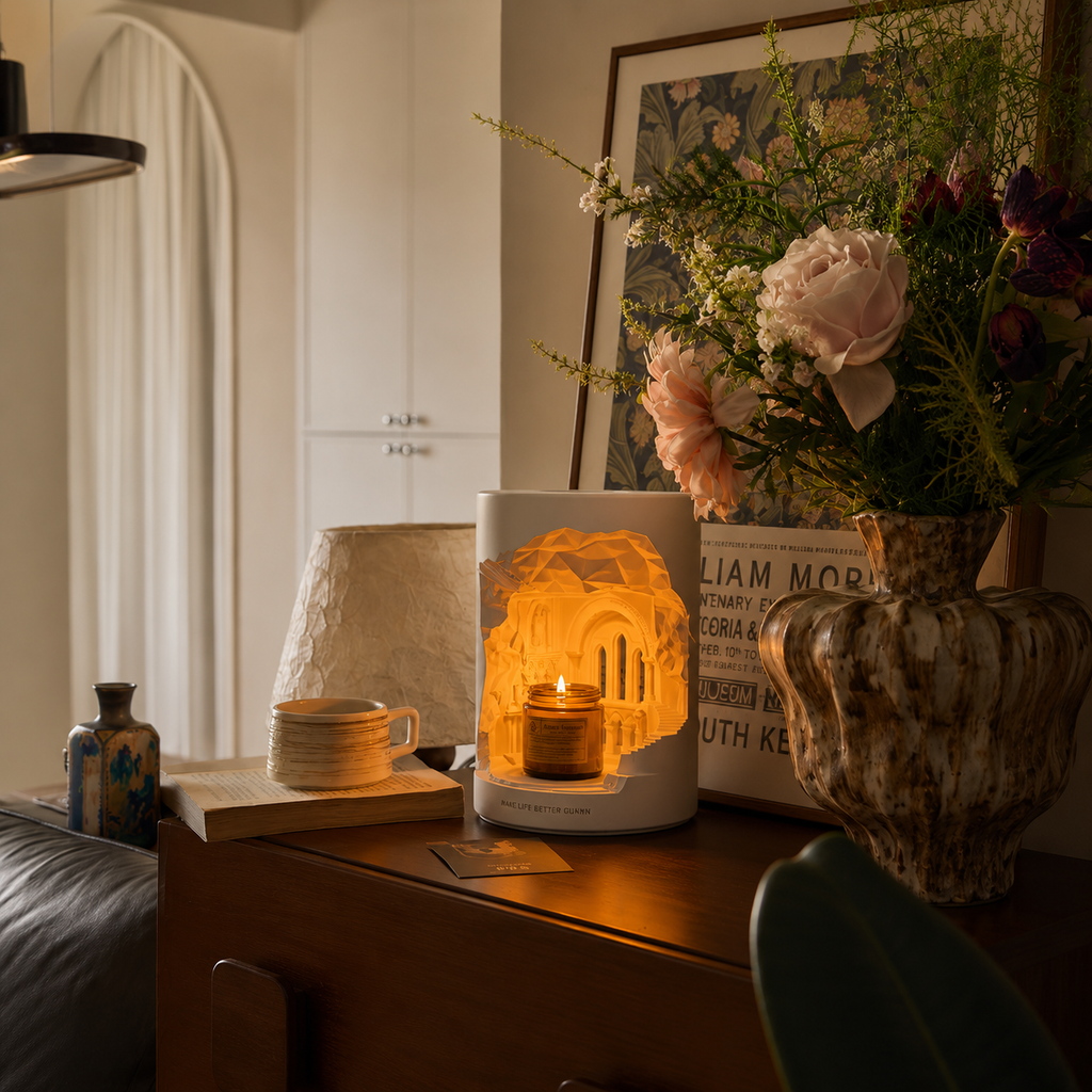 Cave Temple LED Relief Lamp | Architectural Sculpture & Candle Warmer