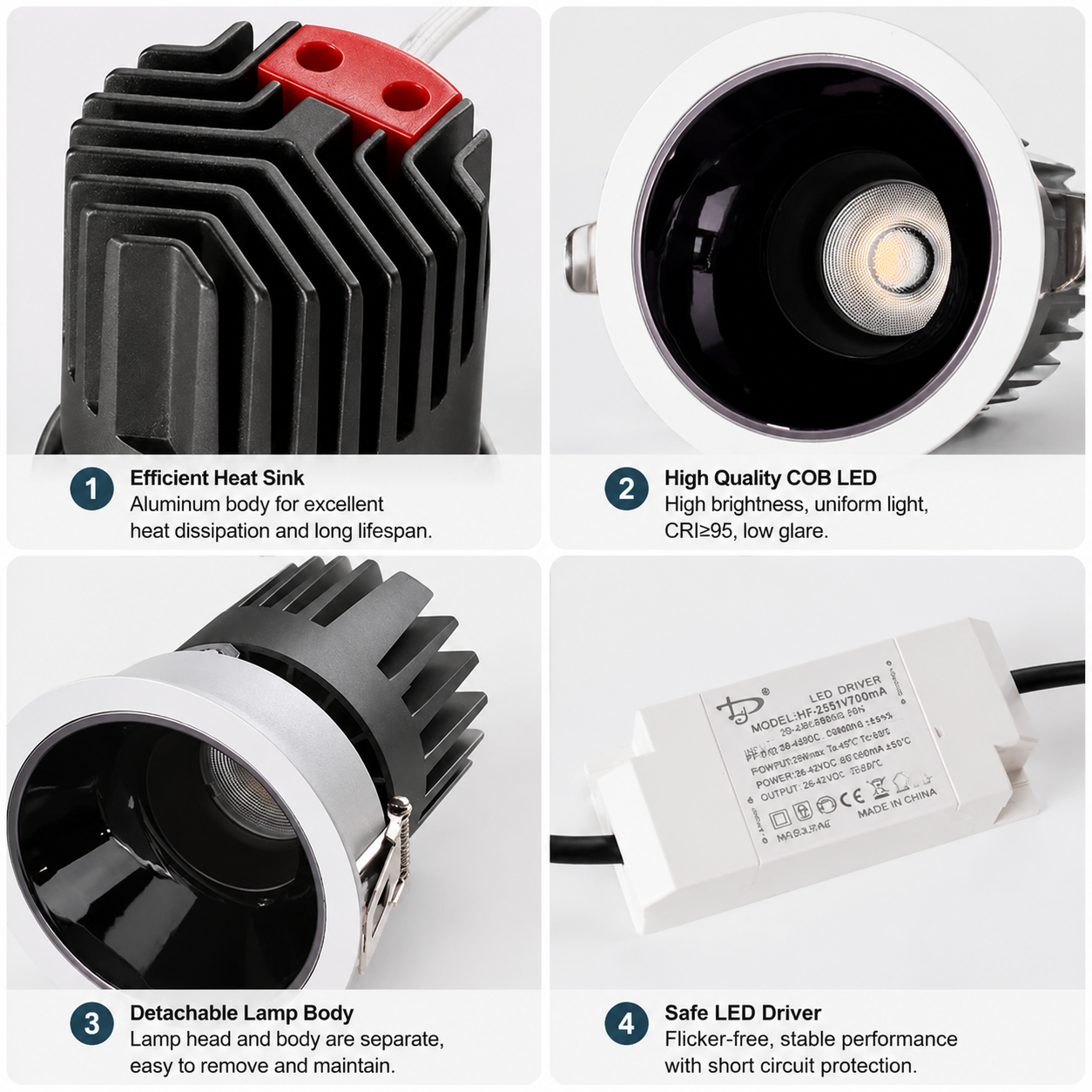 Anti-Glare LED Recessed Downlight CRI95 COB Spotlight