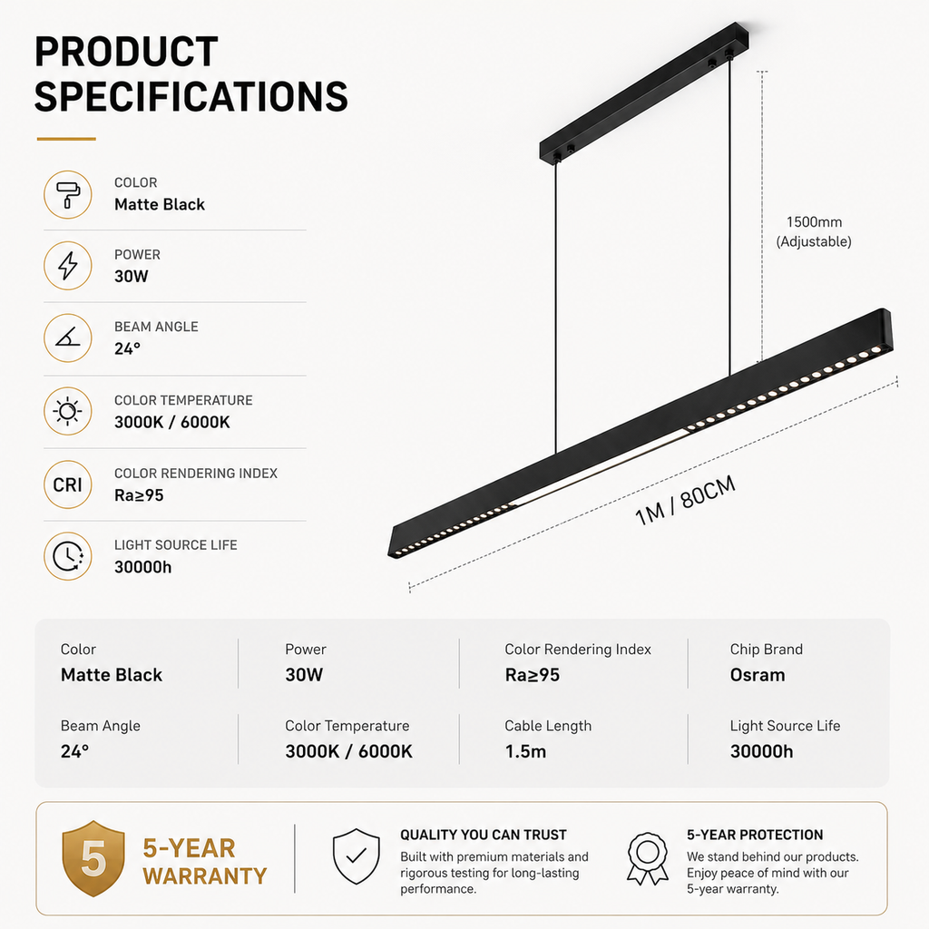 Minimalist Matte Black Linear Chandelier | 1M Architectural Light